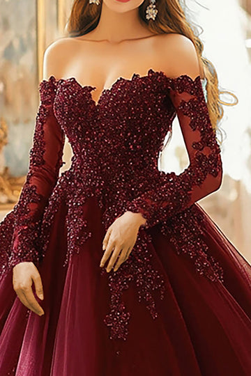 Robe de bal bordeaux épaules dénudées Robe Quinceanera appliquée à manches 3/4